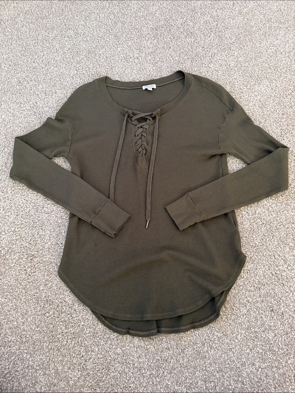 Splendid Olive Lace-Up Waffle Knit Long Sleeve Top